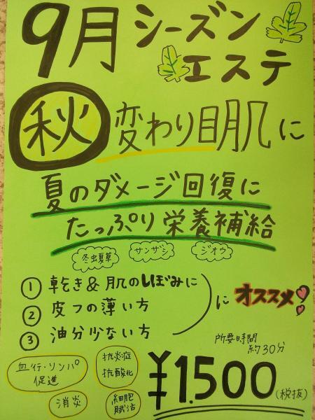 ～9月シーズンエステ～秋の変わり目肌に